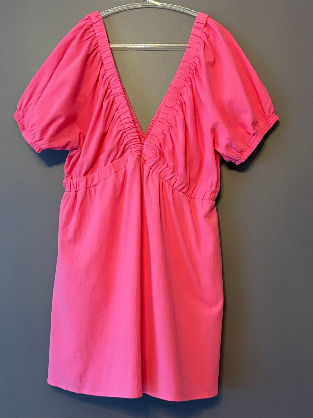 V-Neck Puff Sleeve Women's Mini Dress with Pockets in Hot Pink NWT XL